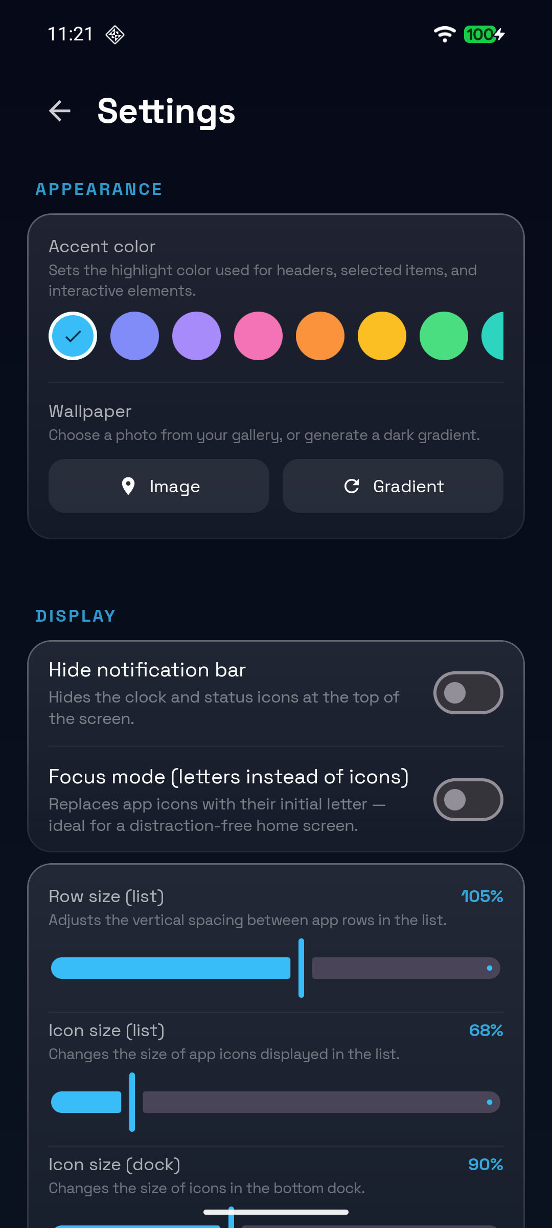 Glide Launcher Settings and Backup Menu